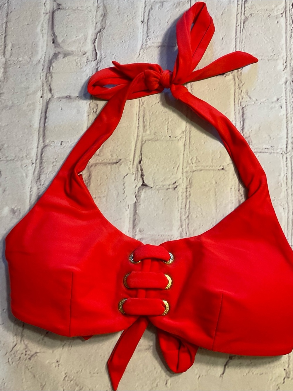 Red Women's bikini Top with Gold Ring Accents